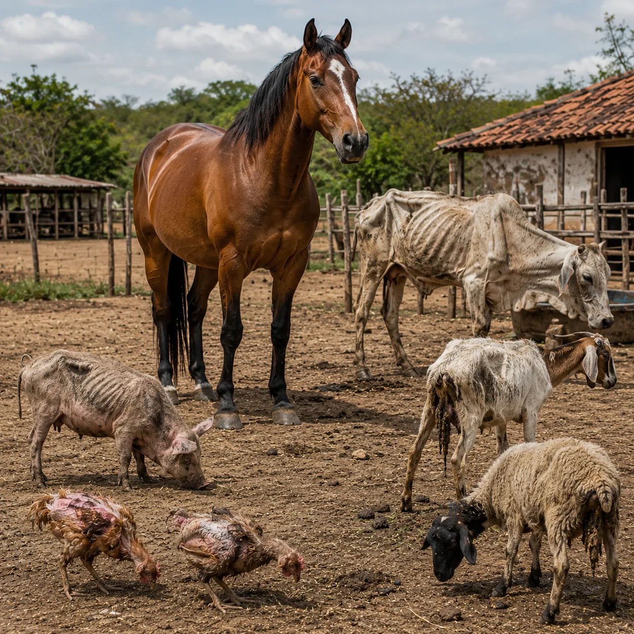 Caballo sano y el resto del ganado enfermo