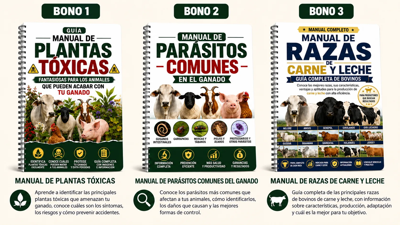 Bonos: Manual de Plantas Tóxicas, Manual de Parásitos Comunes en el Ganado, Manual de Razas de Carne y Leche